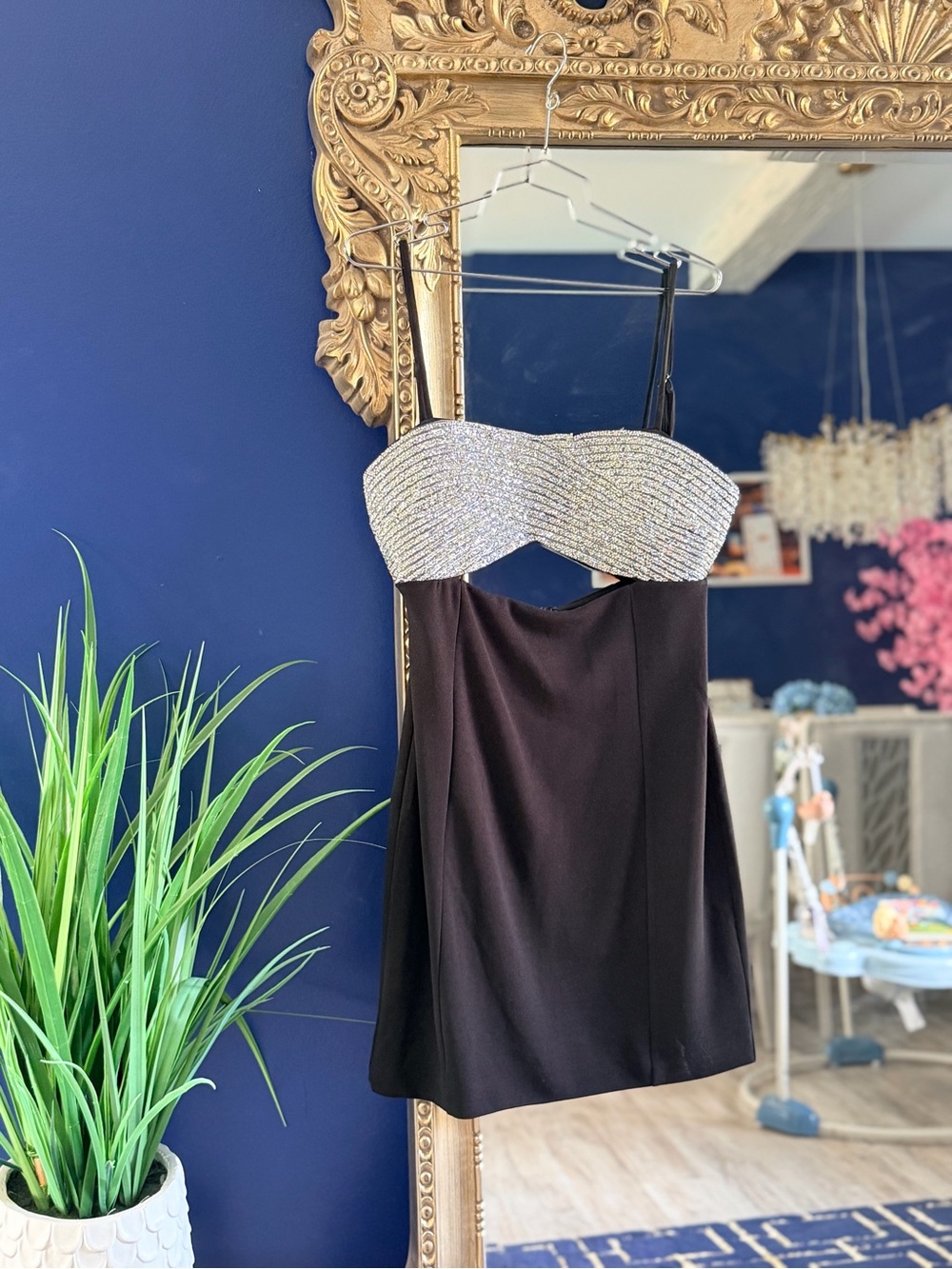 Black Mini Dress with Silver Beaded Bandeau Bodice